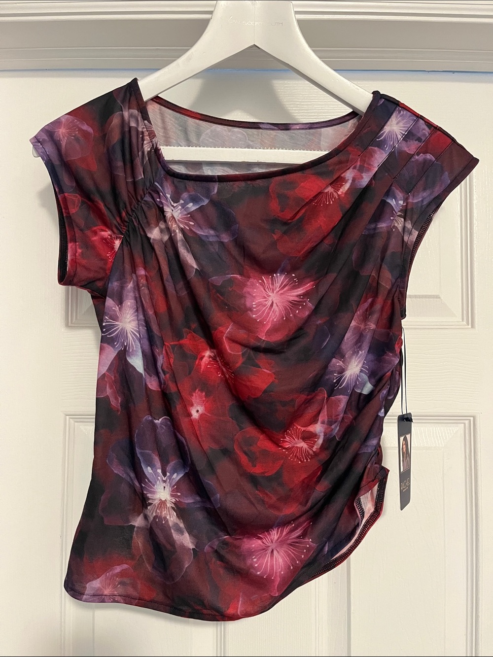 RACHEL Rachel Roy Red and Purple Floral Draped Cap-Sleeve Top